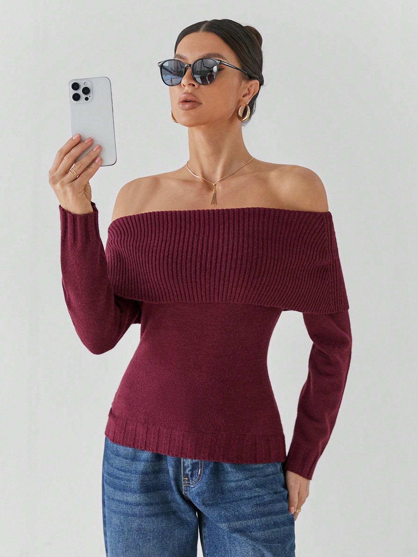 Giulia – Off-Shoulder Striktrøje til Kvinder i Bourgognerød