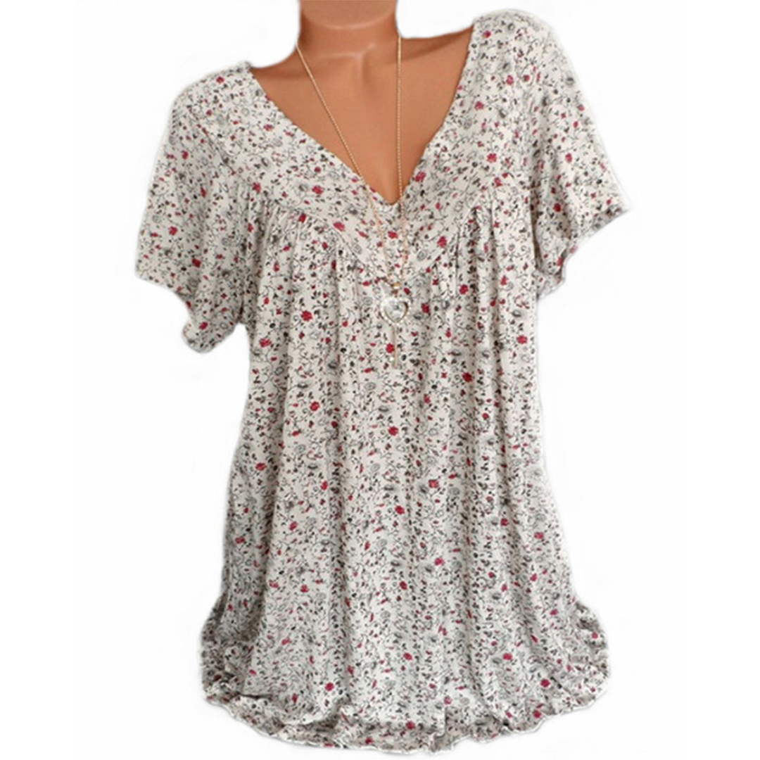 Isabelle – Kortærmet Damebluse med V-Hals og Print