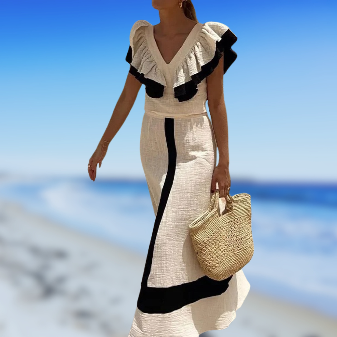 IsabellaNeri Elegant Højtaljet Midikjole Med Flæser Til Kvinder