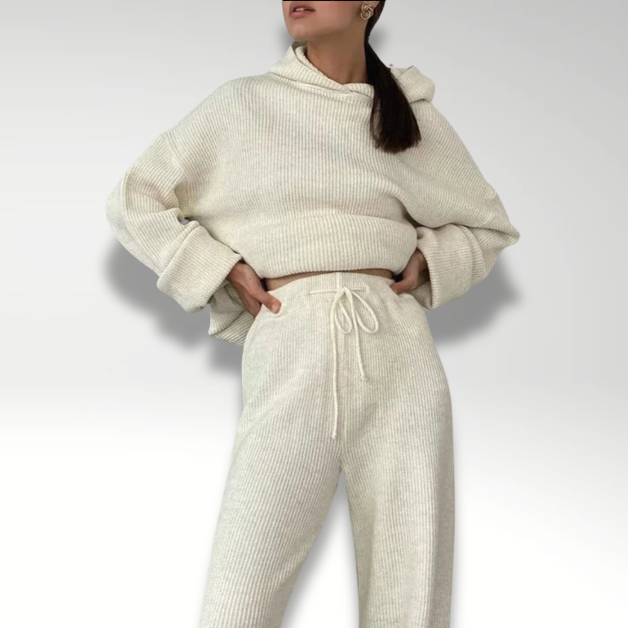 ElenaForte Ribstrikket Hættetrøjesæt Til Kvinder