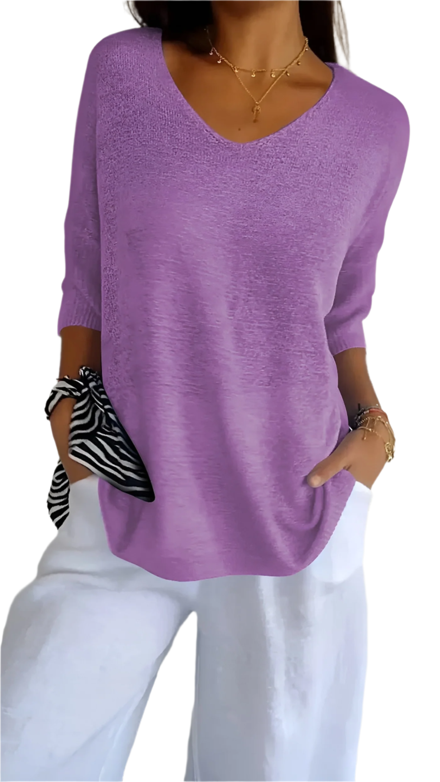 Isabella – Blødstrikket Ærmeløs Top med V-Hals til Kvinder