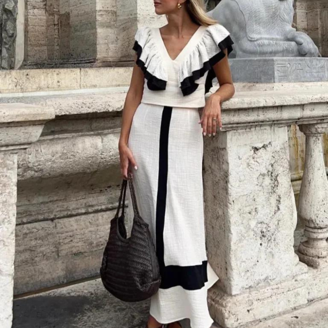 IsabellaNeri Elegant Højtaljet Midikjole Med Flæser Til Kvinder