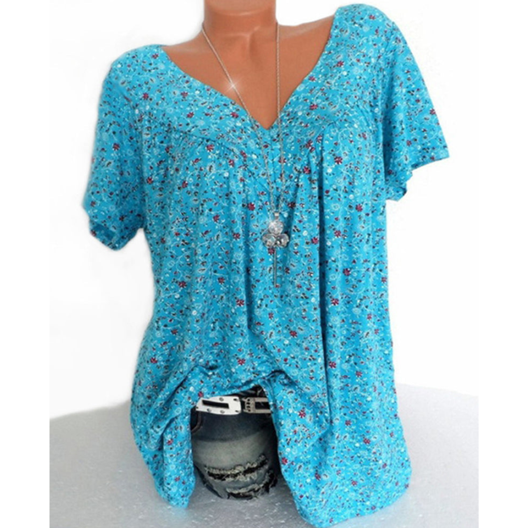 Isabelle – Kortærmet Damebluse med V-Hals og Print