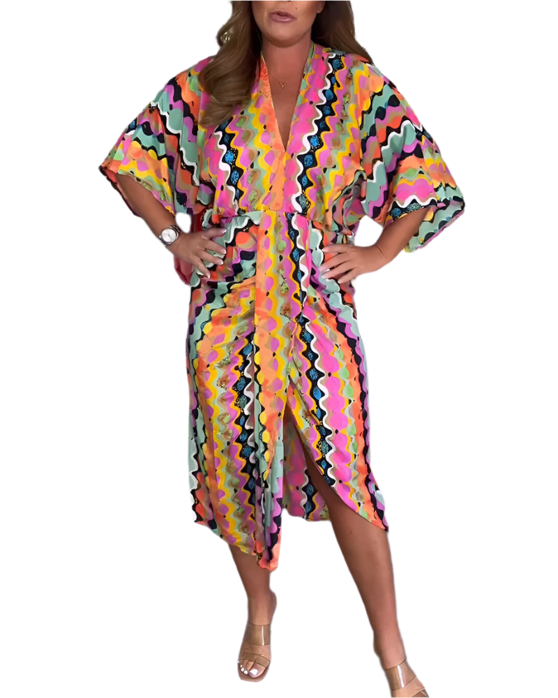 Elena – Multifarvet Damekjole med V-udskæring og Midi-længde