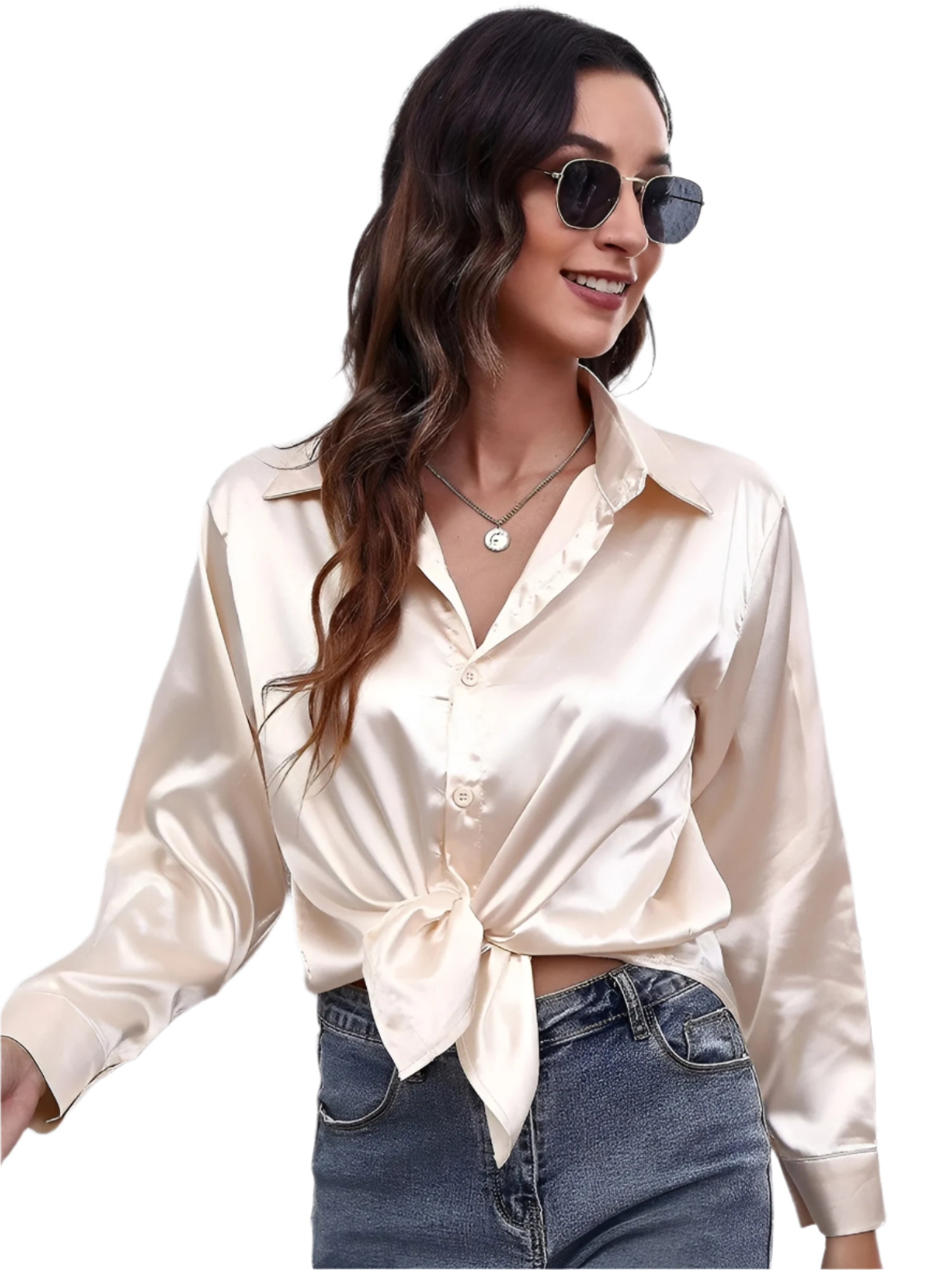 Clara – Satin Dame Skjorte med Lange Ærmer