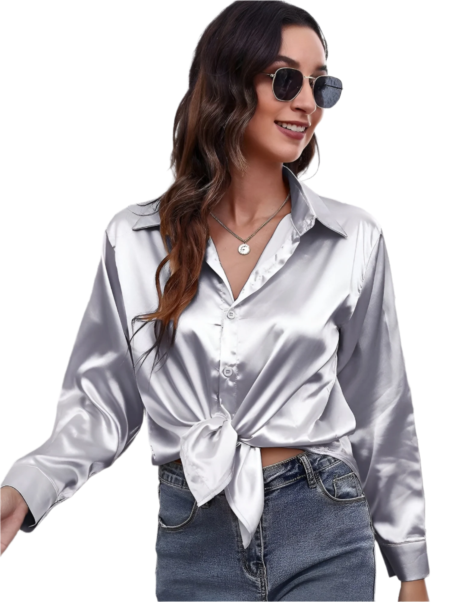 Clara – Satin Dame Skjorte med Lange Ærmer
