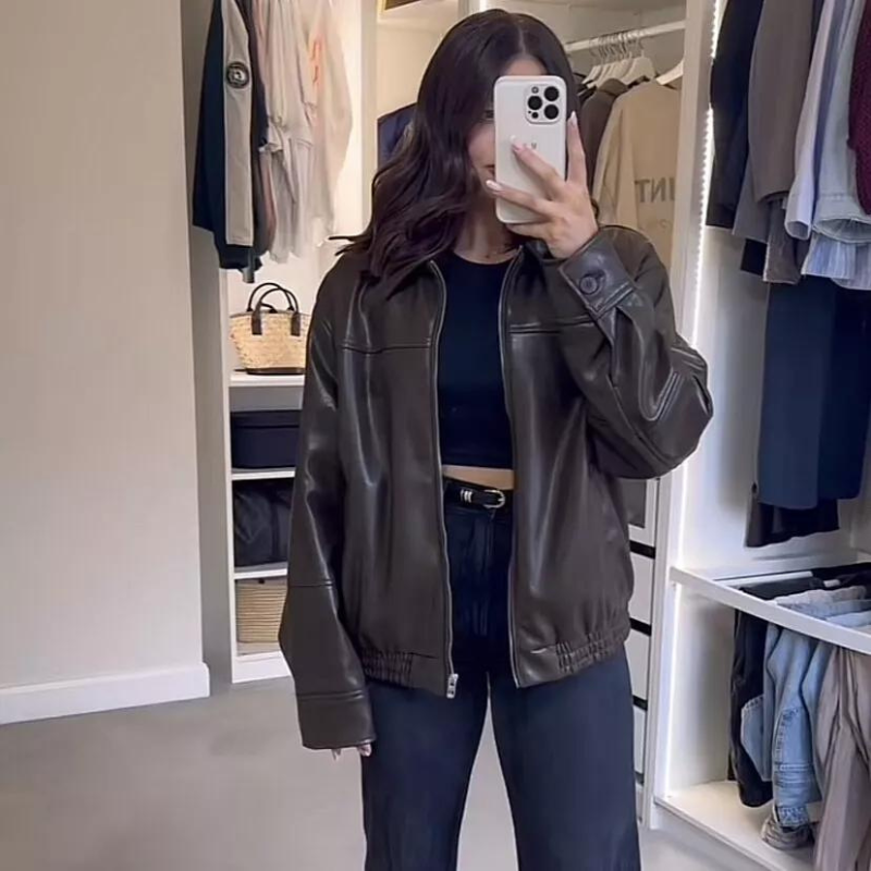 AntonioRicci Læder Efterårsjakke Til Kvinder