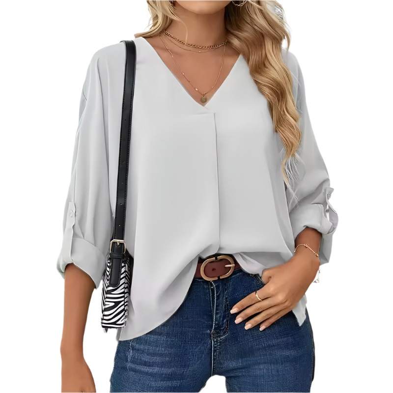 Giulia – Vintage Løs Chiffonbluse med V-hals til Kvinder