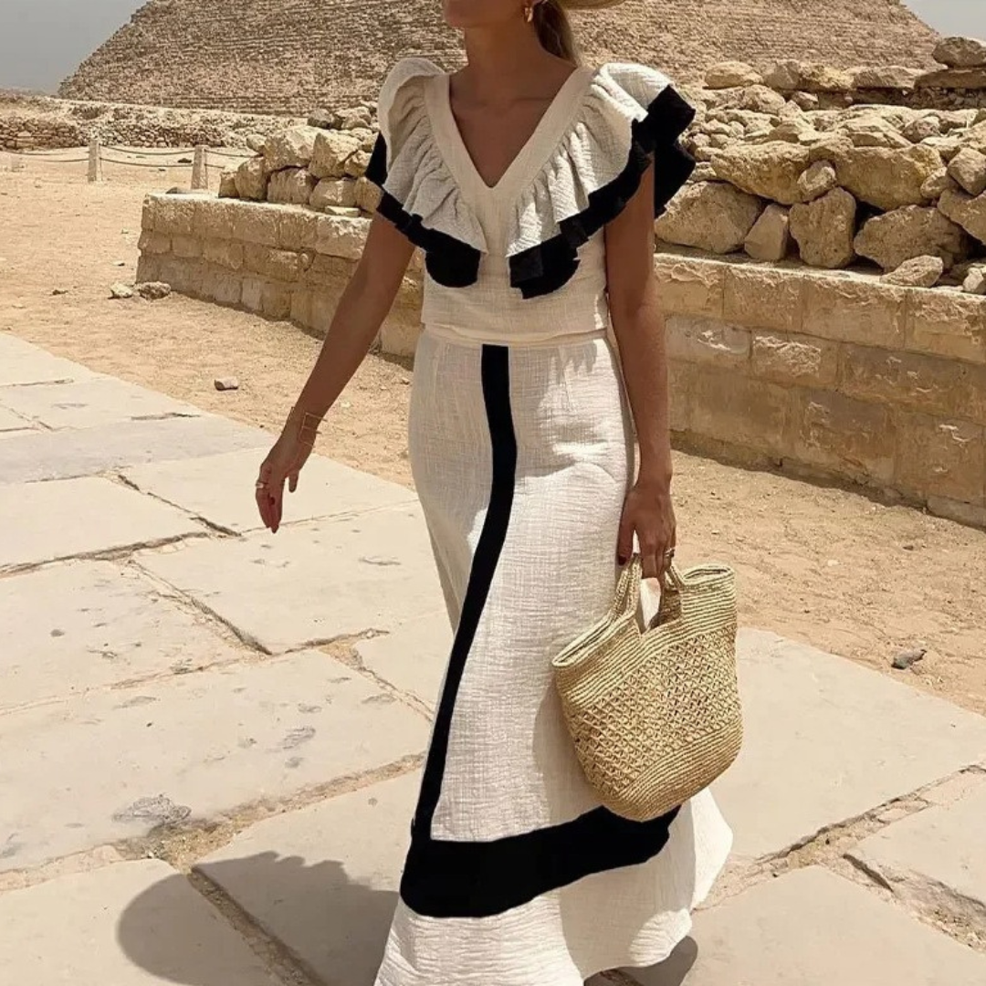 IsabellaNeri Elegant Højtaljet Midikjole Med Flæser Til Kvinder