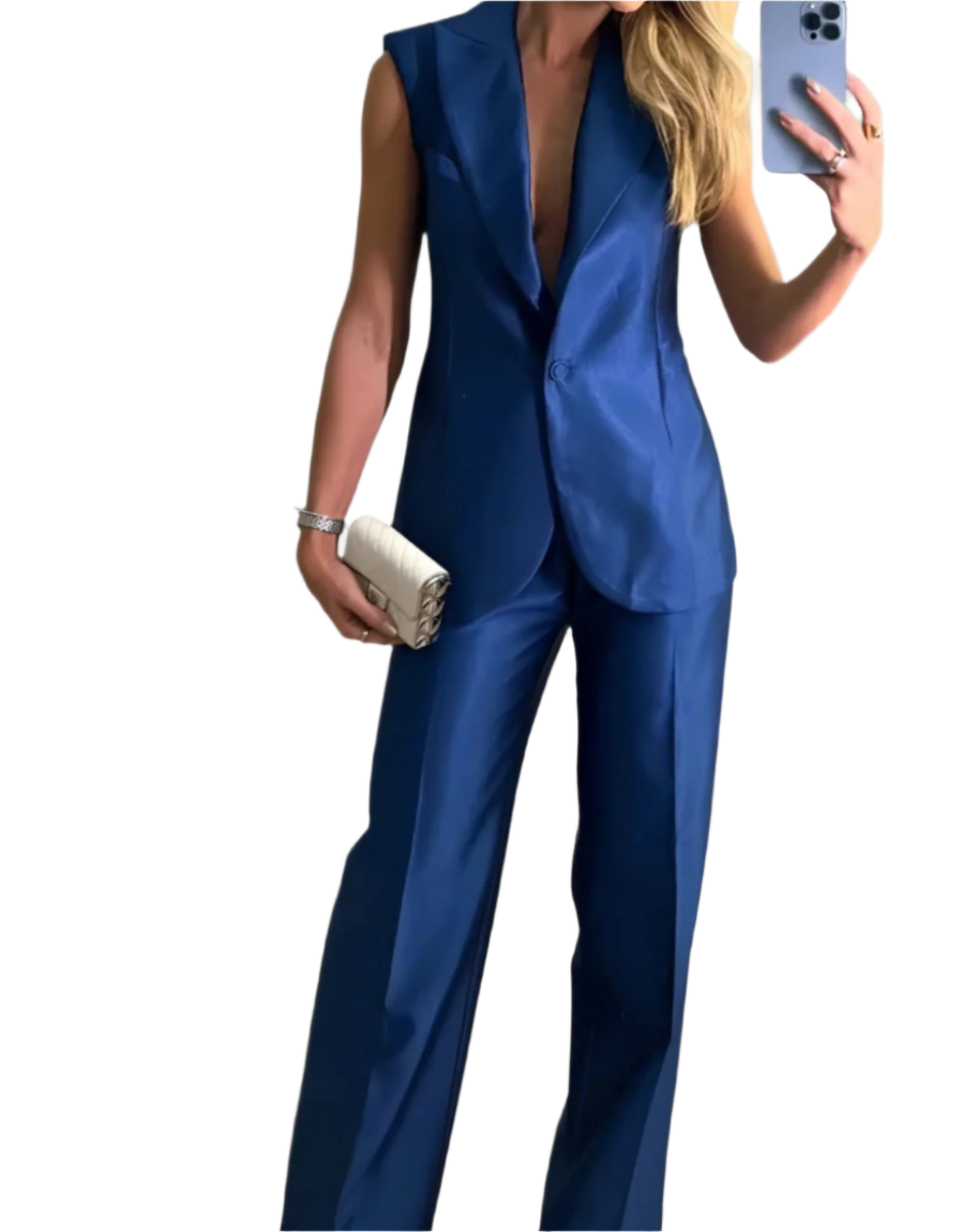 Giulia – Kvindernes Rygfri Ærmeløs Jakke med Krave og Bredbenede Bukser