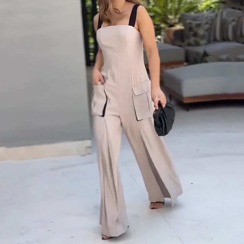 Elena – Ærmeløs Dame Jumpsuit med Farveblok og Lommer