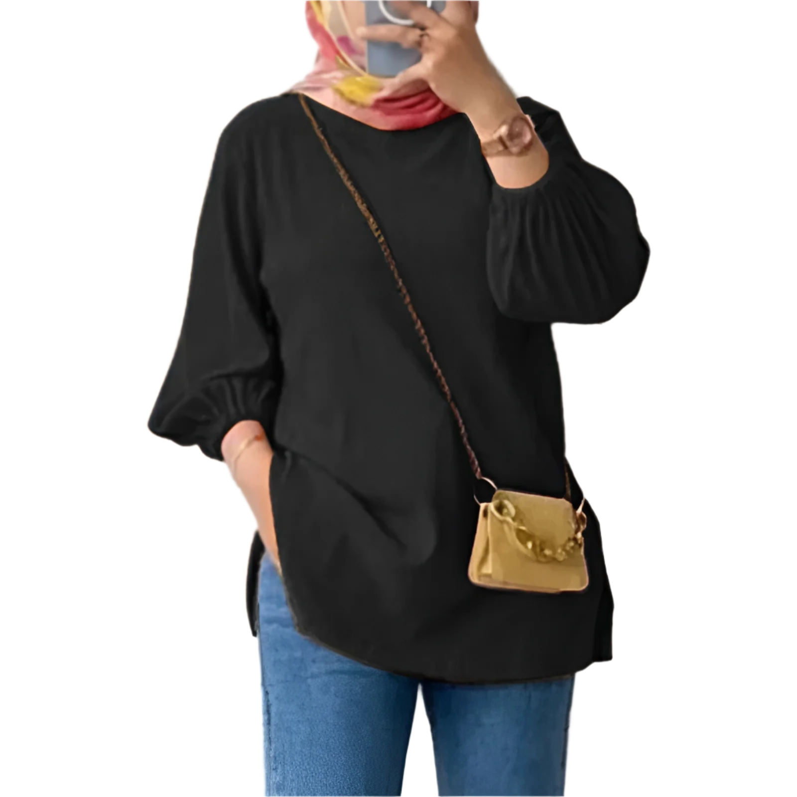 Amina – Damebluse med Pufærmer og Rund Hals