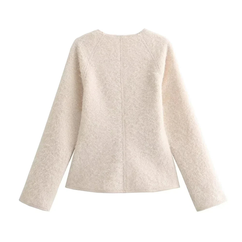 Sofia – Beige Slanktsiddende Kvindecardigan med Stropdetaljer