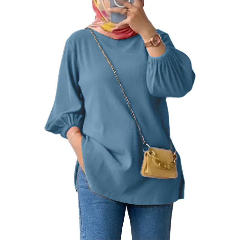 Amina – Elegant Damebluse med Pufærmer og Løs Pasform