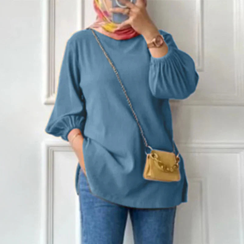 Amina – Elegant Damebluse med Pufærmer og Løs Pasform