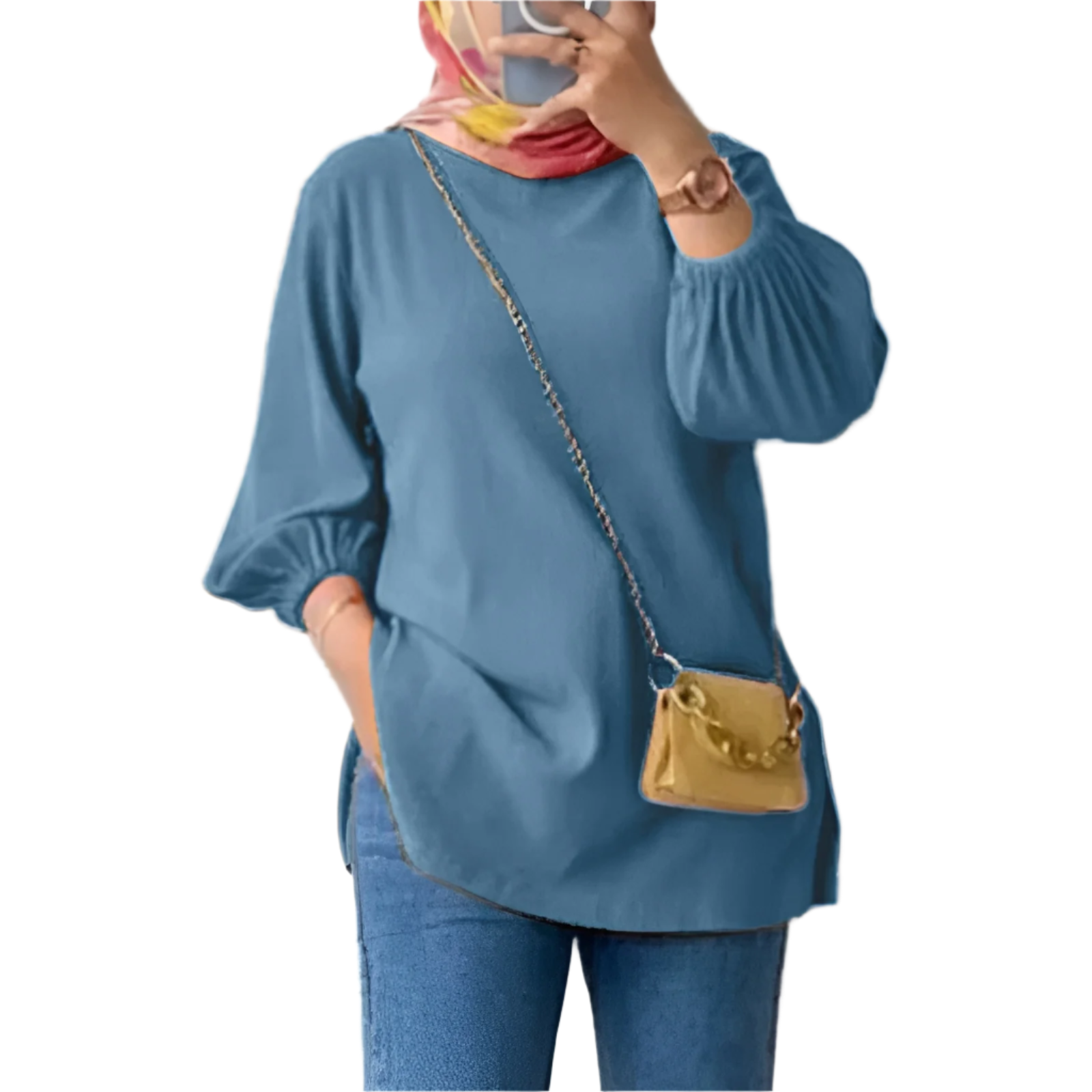 Amina – Damebluse med Pufærmer og Rund Hals