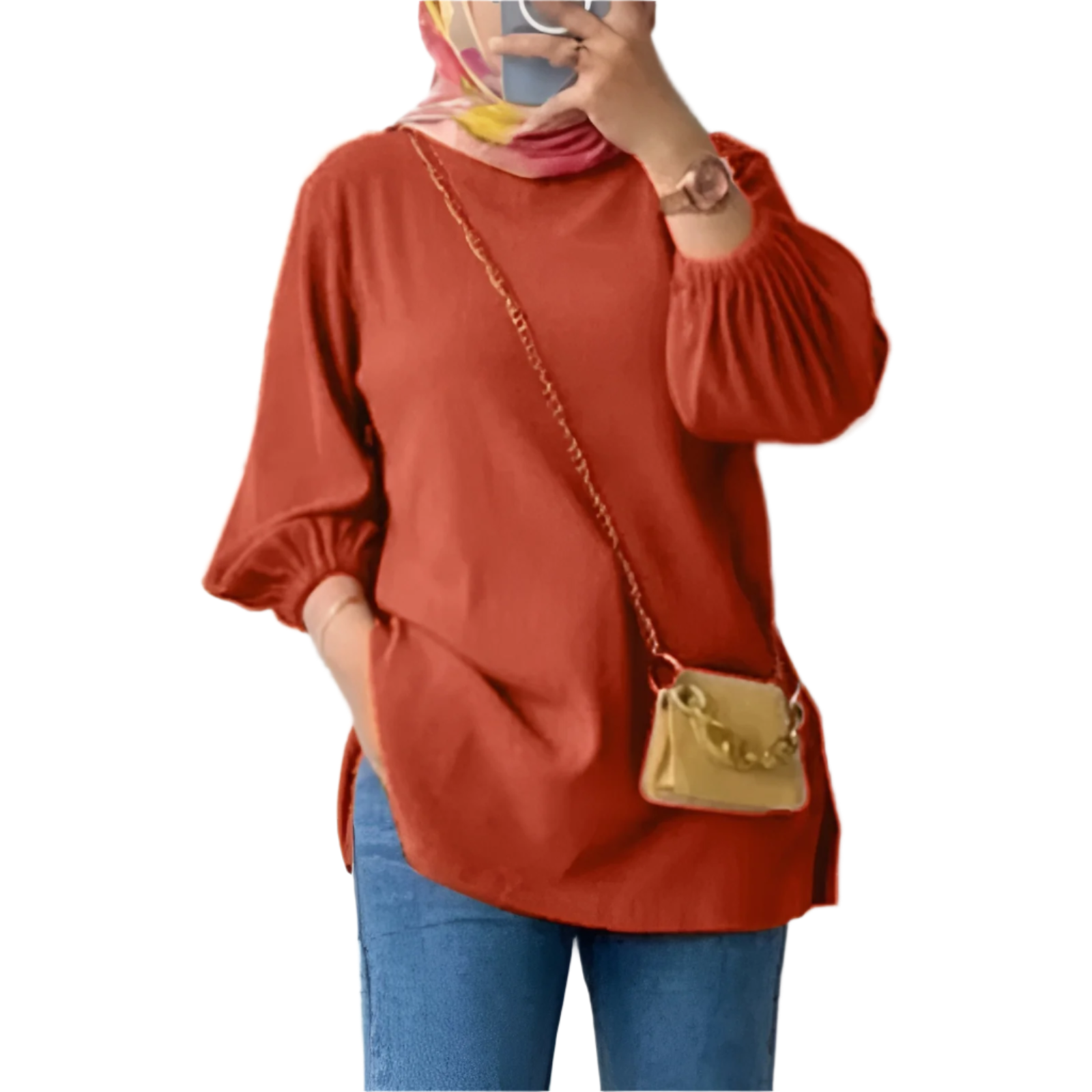 Amina – Damebluse med Pufærmer og Rund Hals