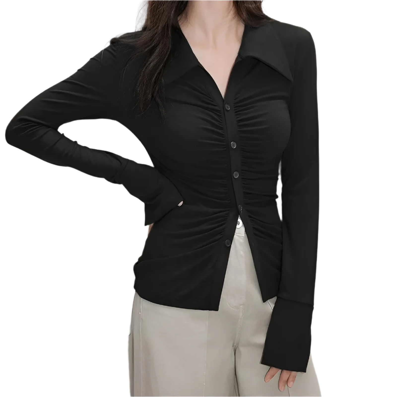 Camila – Langærmet Plisseret Dame Crop Bluse