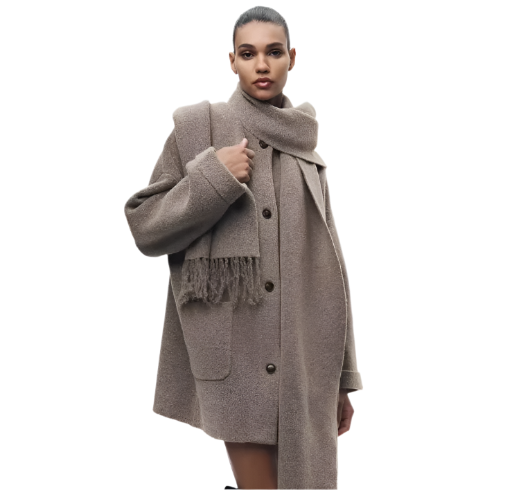 Elena – Hygge Strikket Cardigan med Indbygget Tørklæde