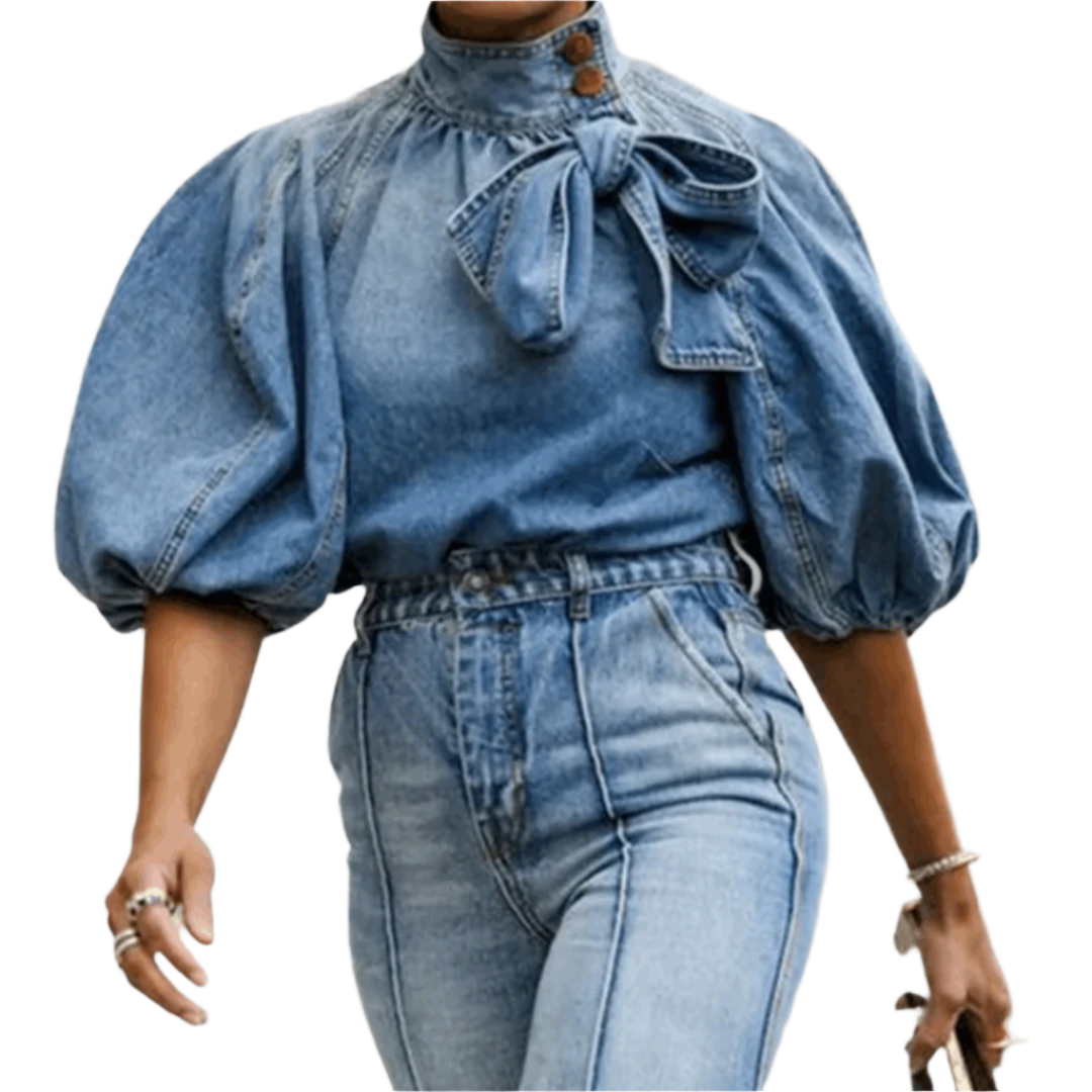 Elena – Denimskjorte med Turtleneck og Knapper til Kvinder