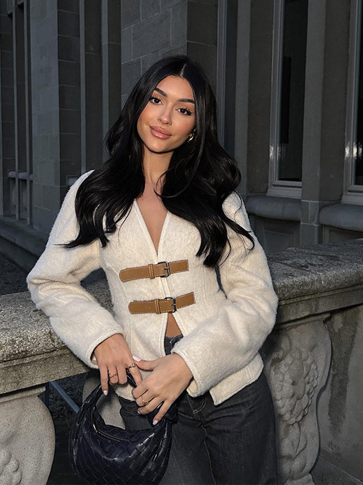 Sofia – Beige Slanktsiddende Kvindecardigan med Stropdetaljer