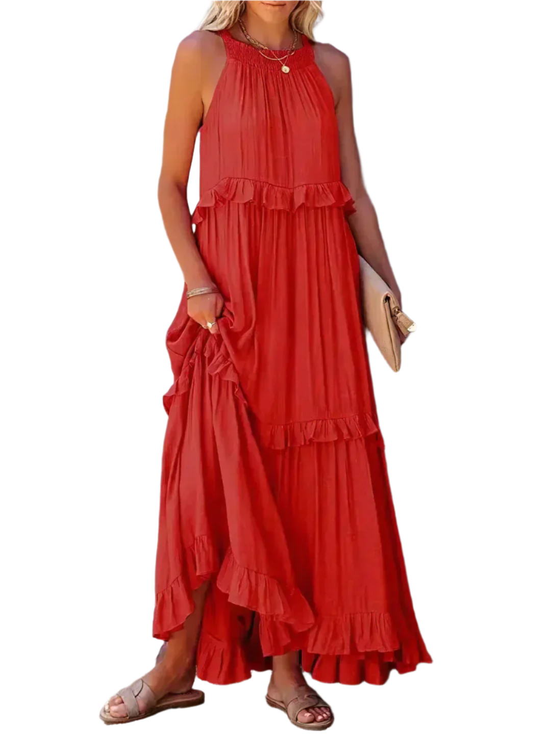 Lucia – Let og Luftig Halterneck Sommerkjole med Rynker og Lommer til Kvinder