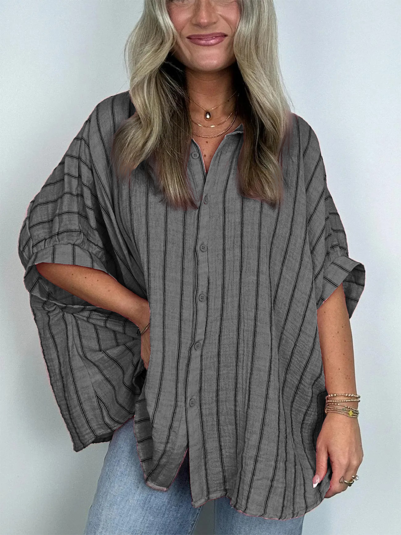 GiuliaCaruso Oversized Stribet Top Med Knap