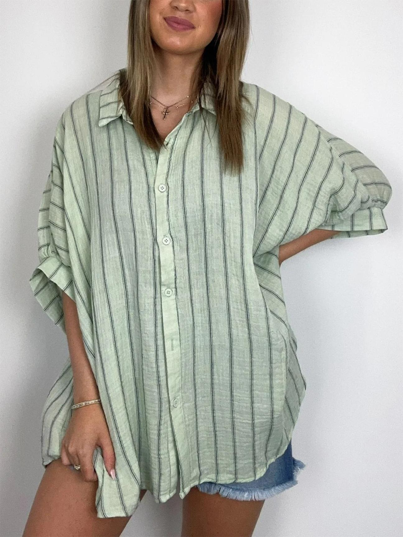 GiuliaCaruso Oversized Stribet Top Med Knap