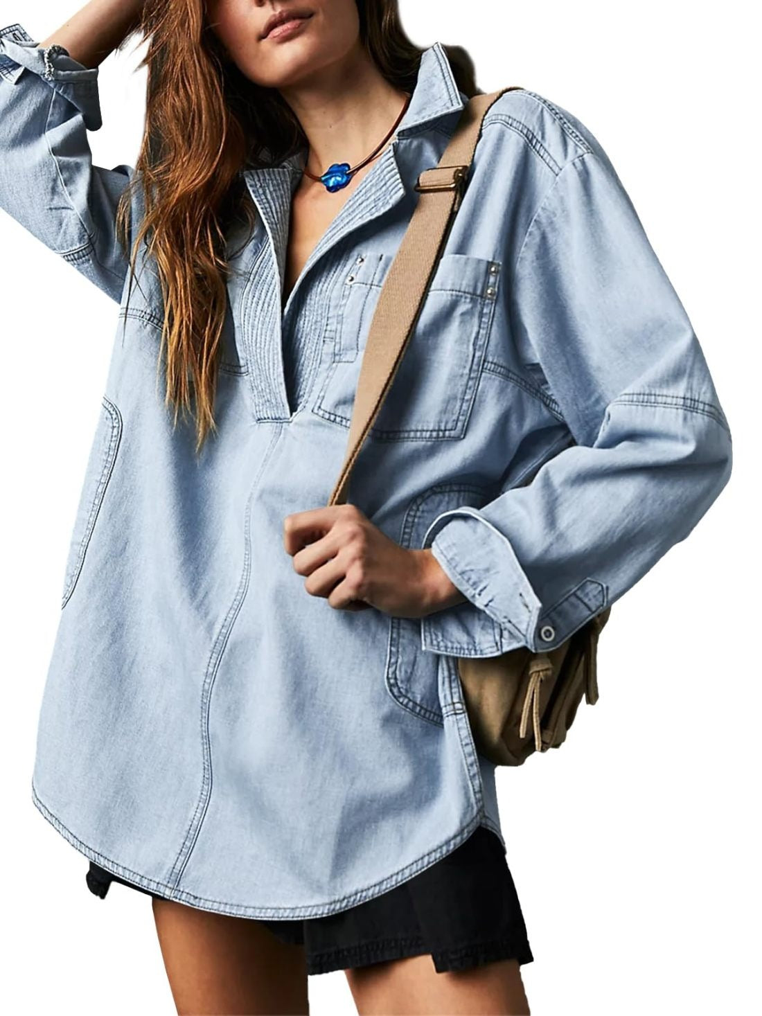 AlessiaVerdi Denim V-Neck Pullover Shirt til kvinder
