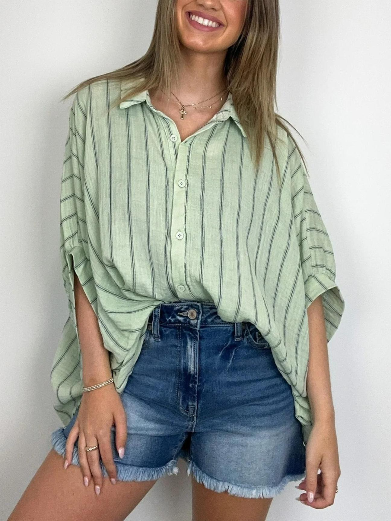 GiuliaCaruso Oversized Stribet Top Med Knap