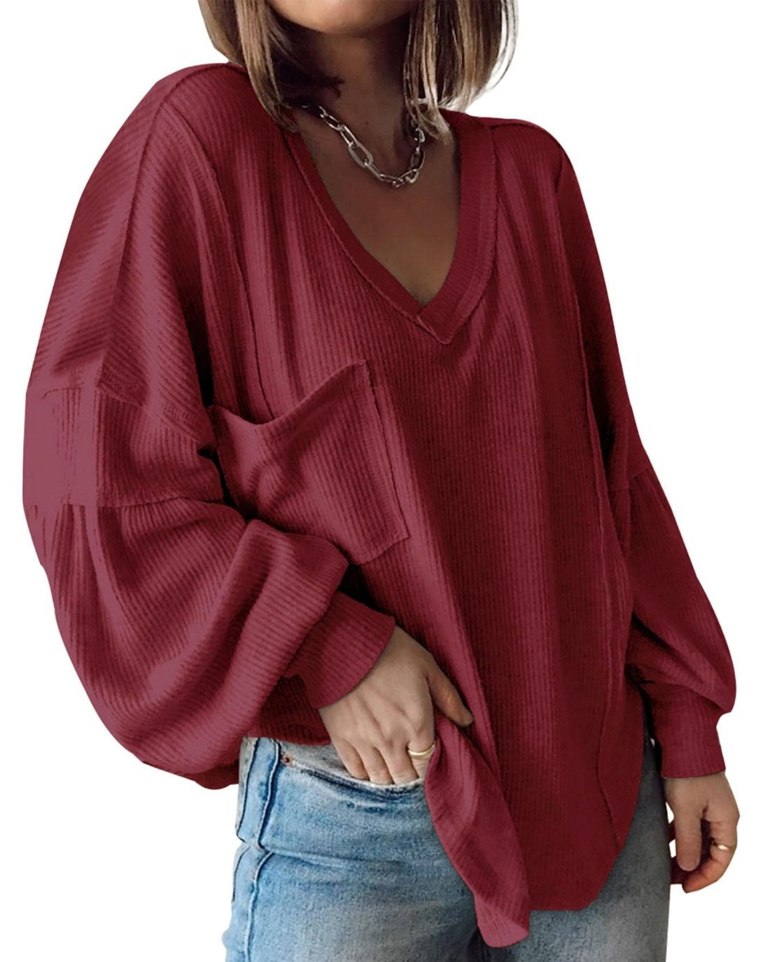 ElenaCarli V Neck Loose Balloon Sleeve Top