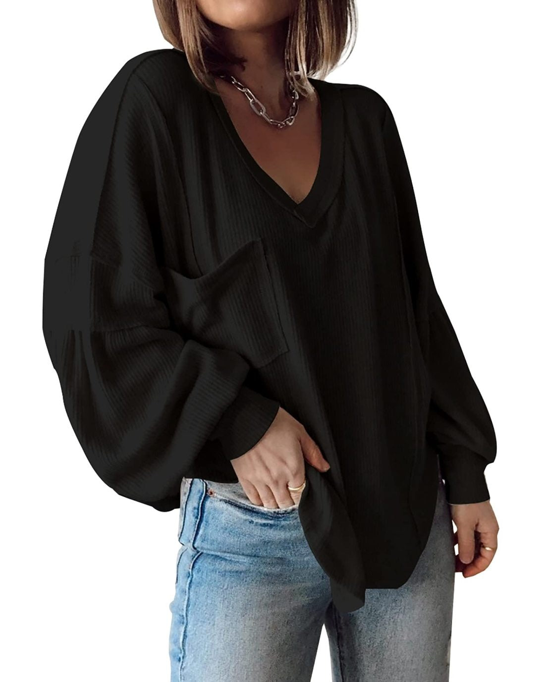 ElenaCarli V Neck Loose Balloon Sleeve Top