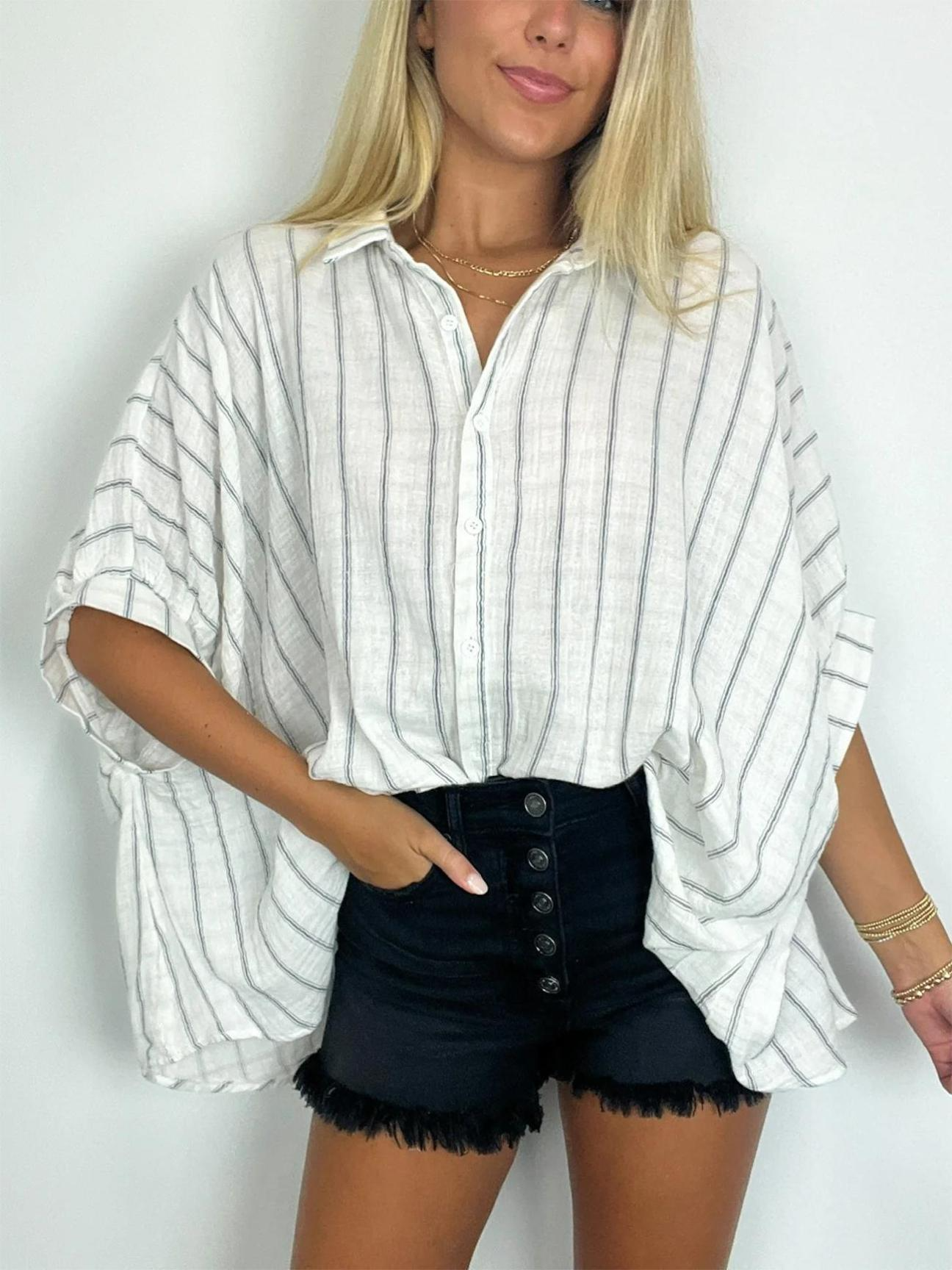 GiuliaCaruso Oversized Stribet Top Med Knap