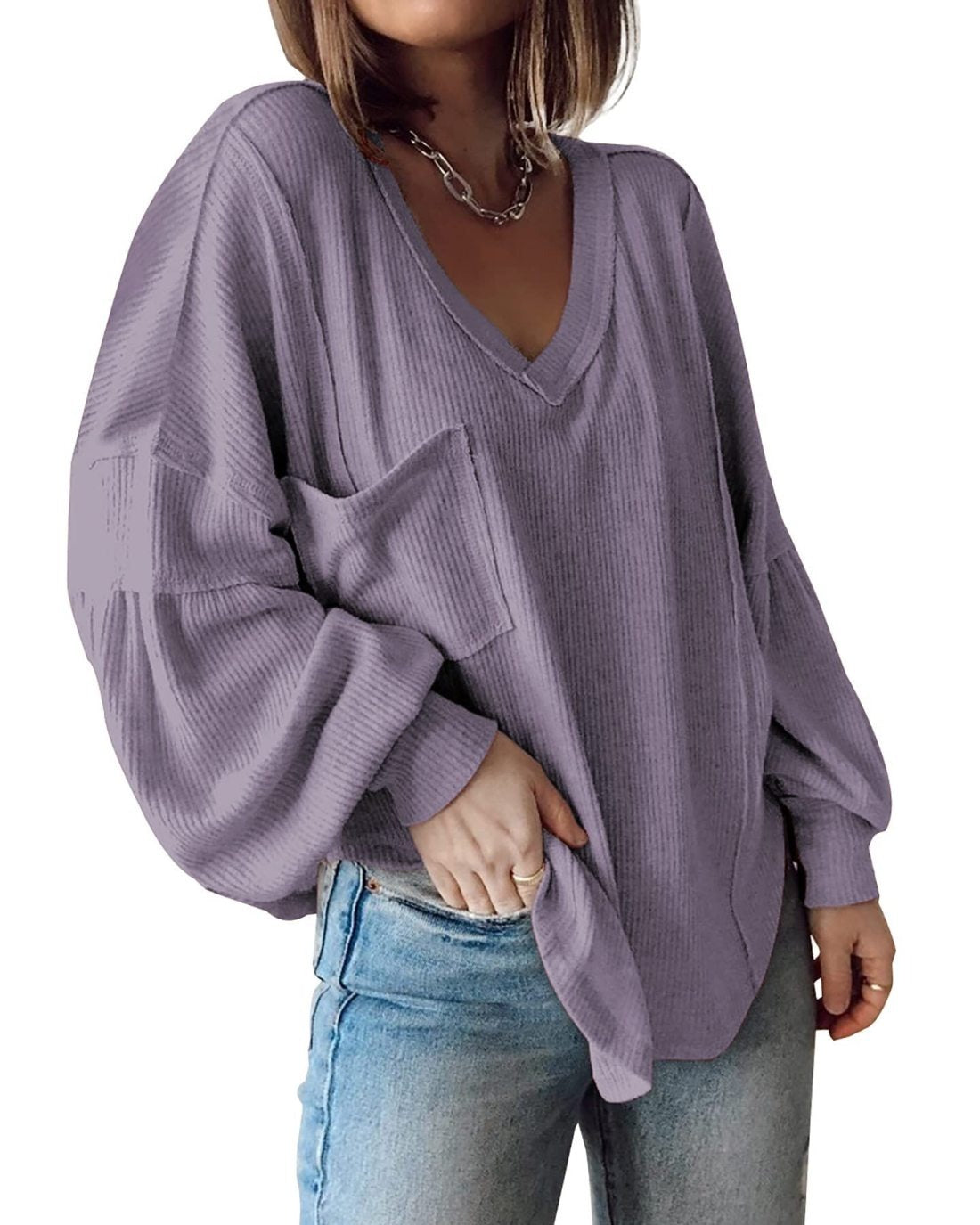 ElenaCarli V Neck Loose Balloon Sleeve Top