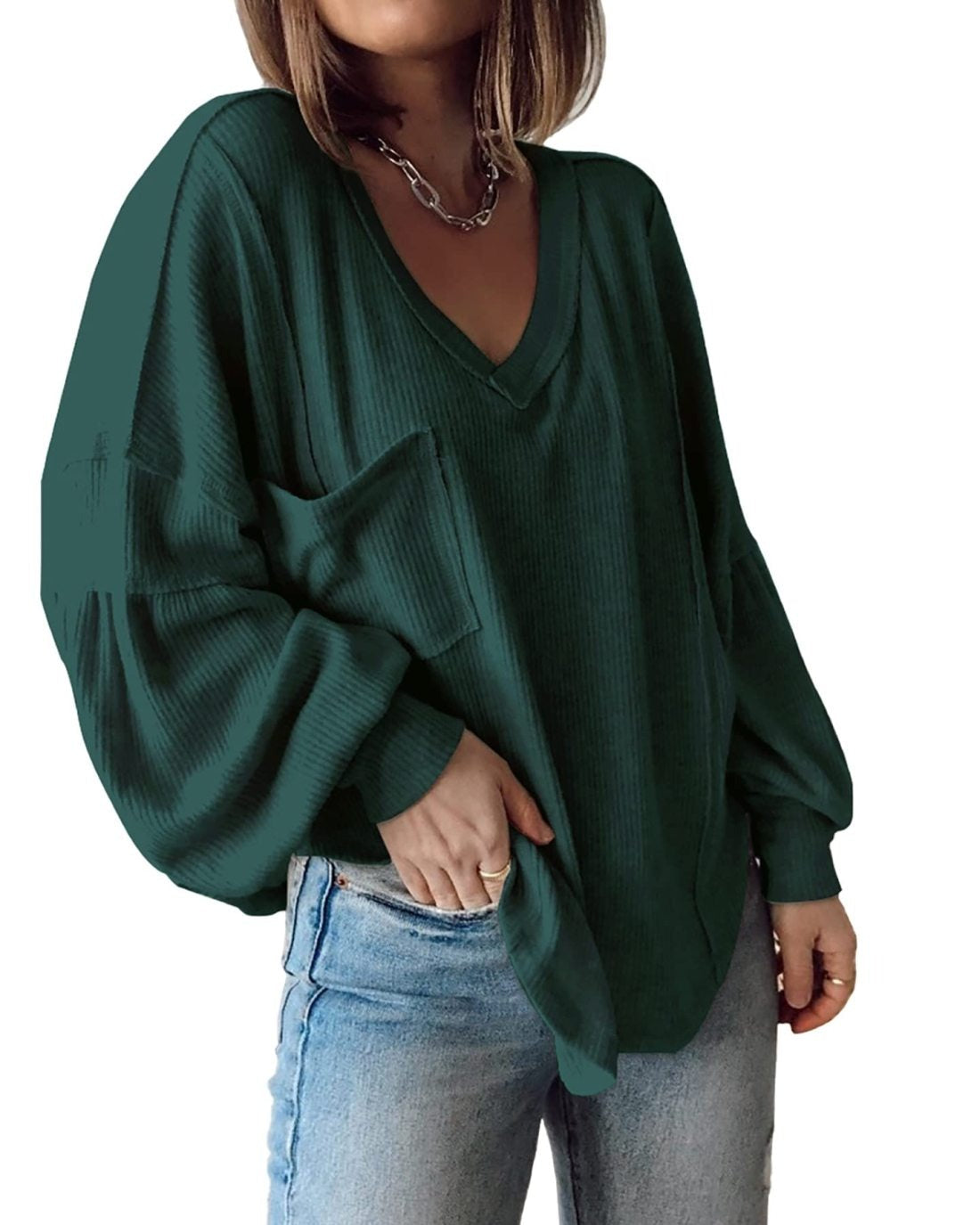 ElenaCarli V Neck Loose Balloon Sleeve Top