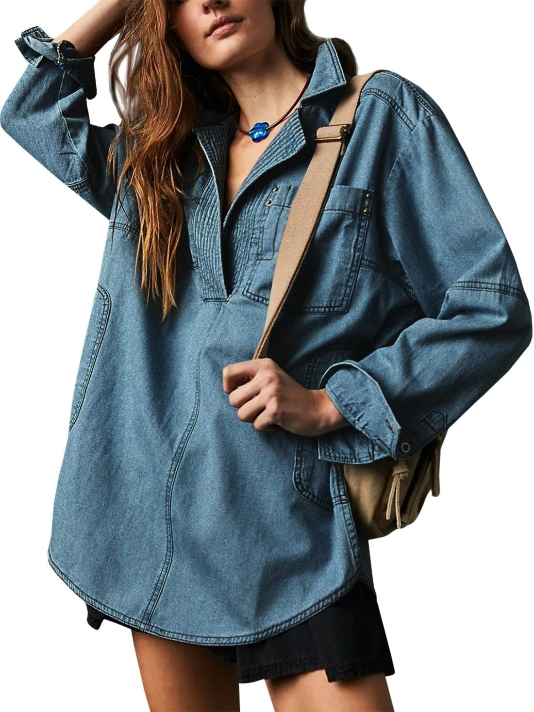 AlessiaVerdi Denim V-Neck Pullover Shirt til kvinder