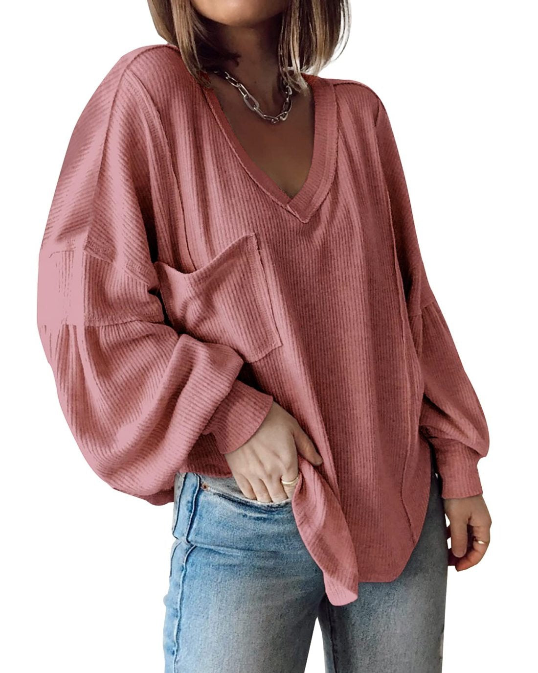 ElenaCarli V Neck Loose Balloon Sleeve Top
