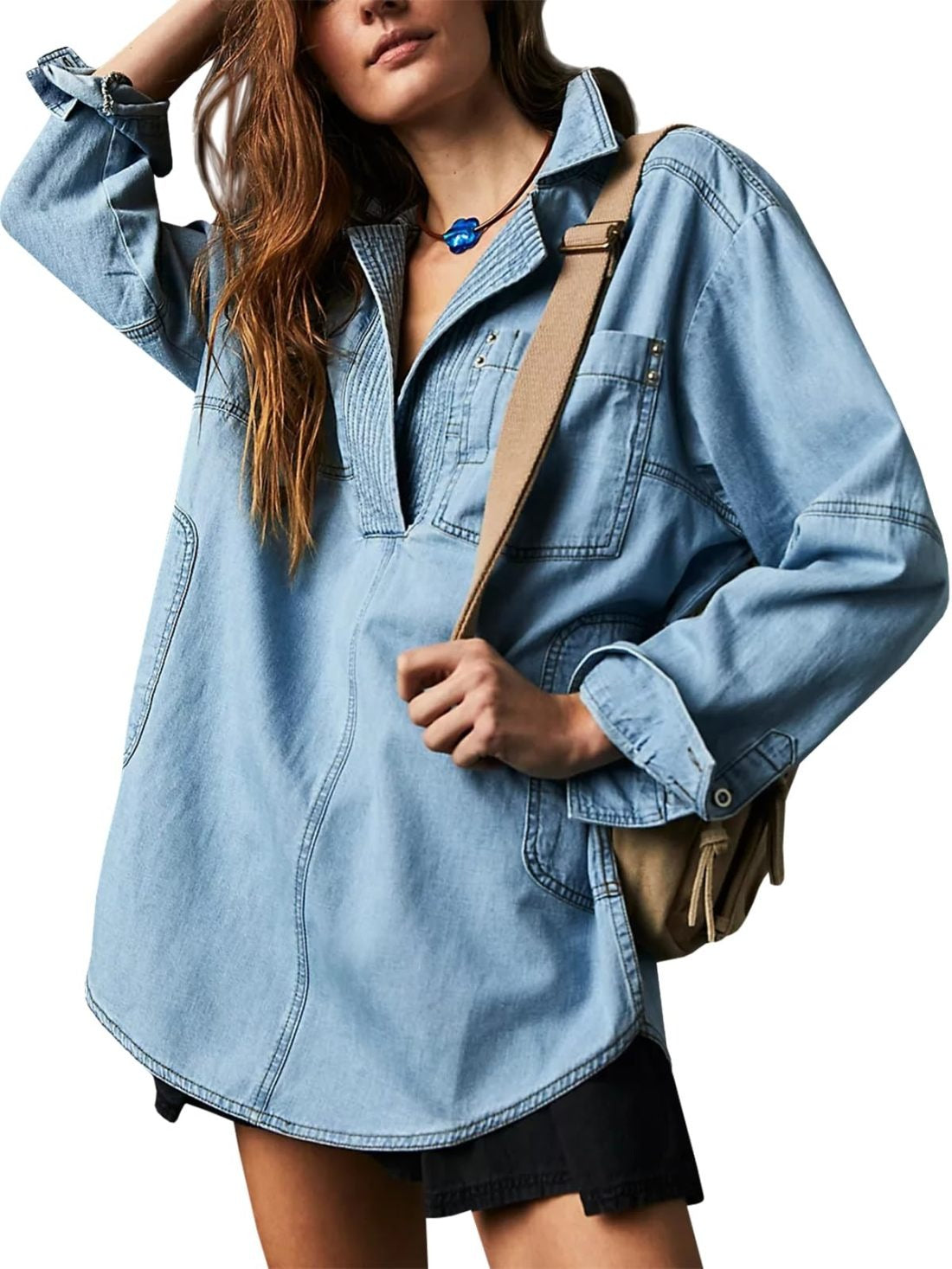 AlessiaVerdi Denim V-Neck Pullover Shirt til kvinder