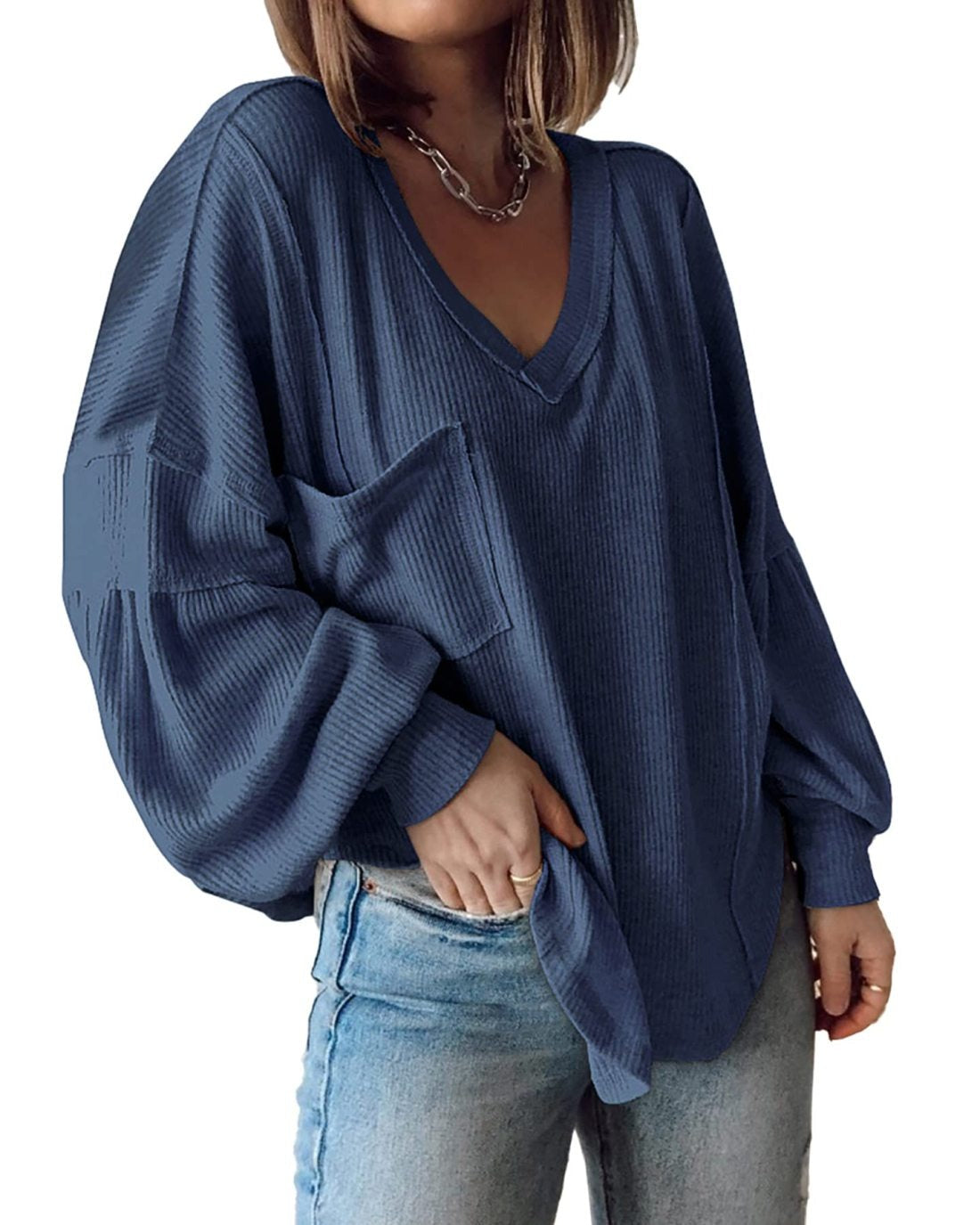ElenaCarli V Neck Loose Balloon Sleeve Top