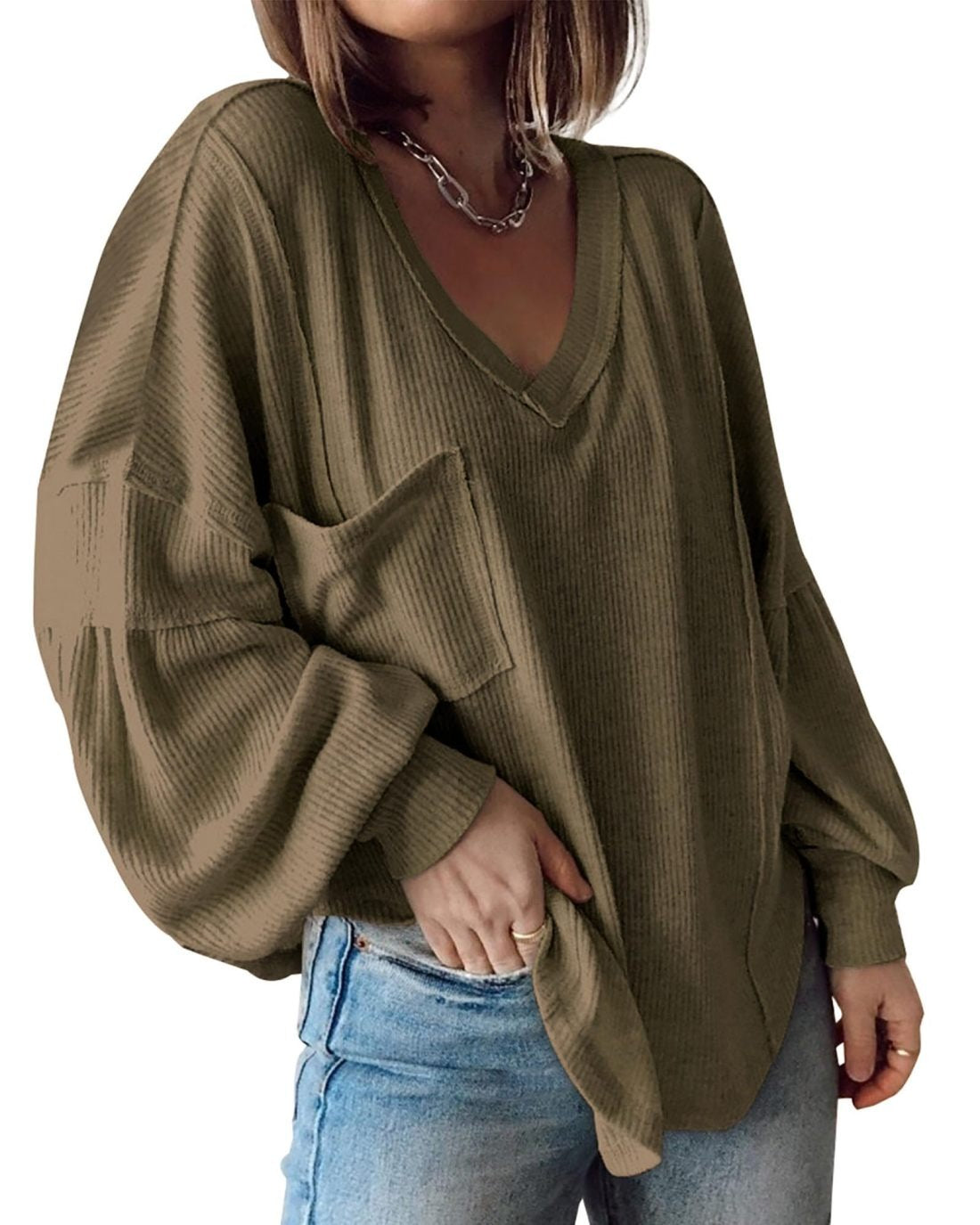 ElenaCarli V Neck Loose Balloon Sleeve Top