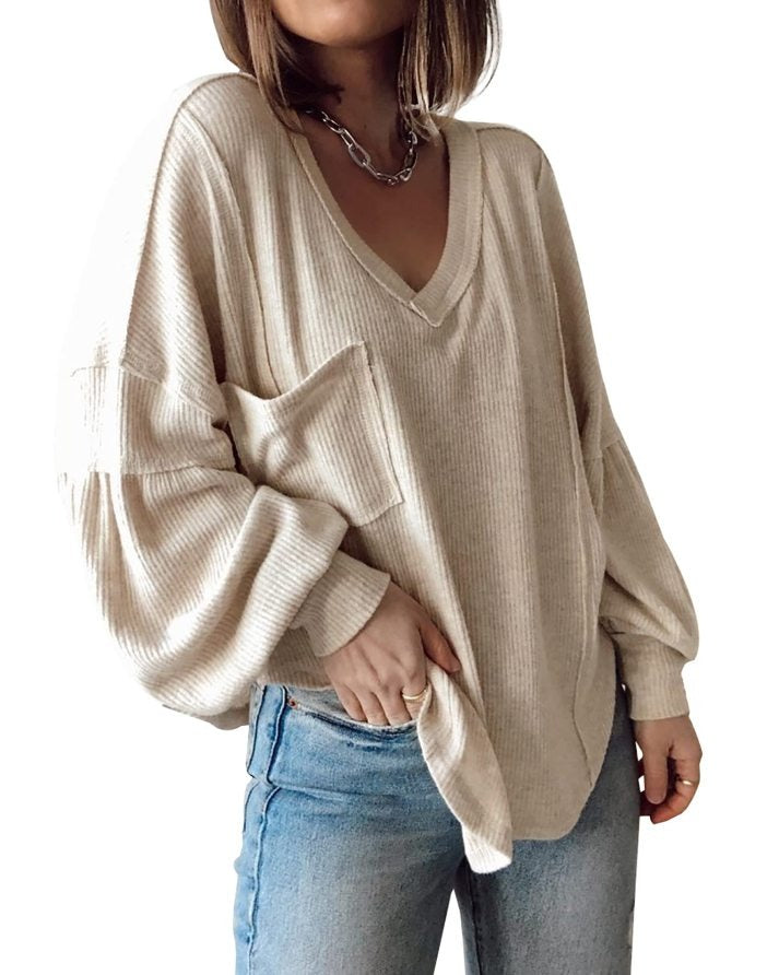 ElenaCarli V Neck Loose Balloon Sleeve Top