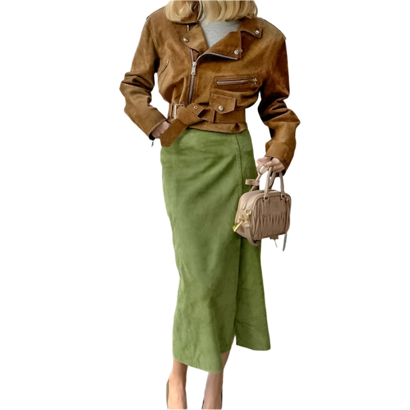 Isabella – Lang Grøn Nederdel med Ruskindslook til Kvinder