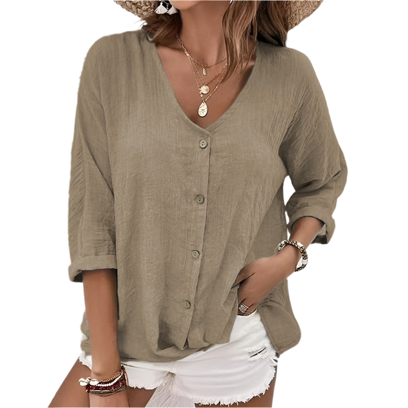 Isabella – Kvinders V-hals Bluse med Knapper og Løs Pasform