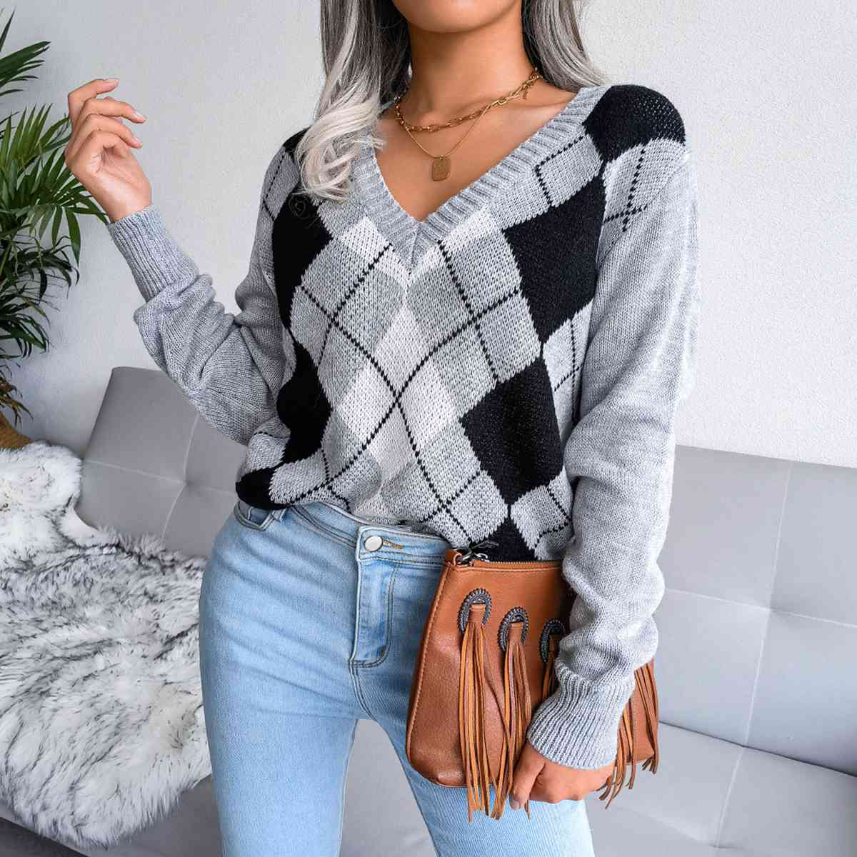 Sofia – Preppy Dame Argyle Strikket Sweater
