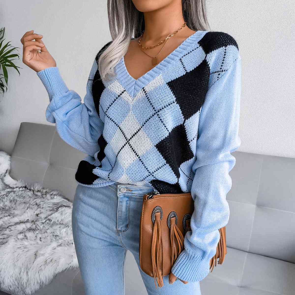 Sofia – Preppy Dame Argyle Strikket Sweater