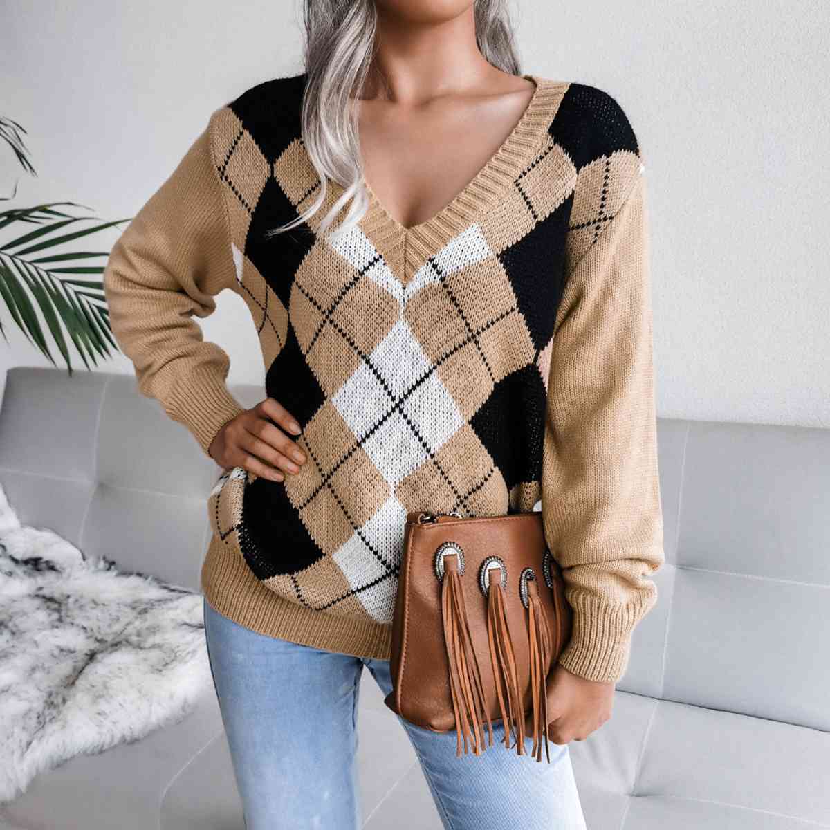 Sofia – Preppy Dame Argyle Strikket Sweater