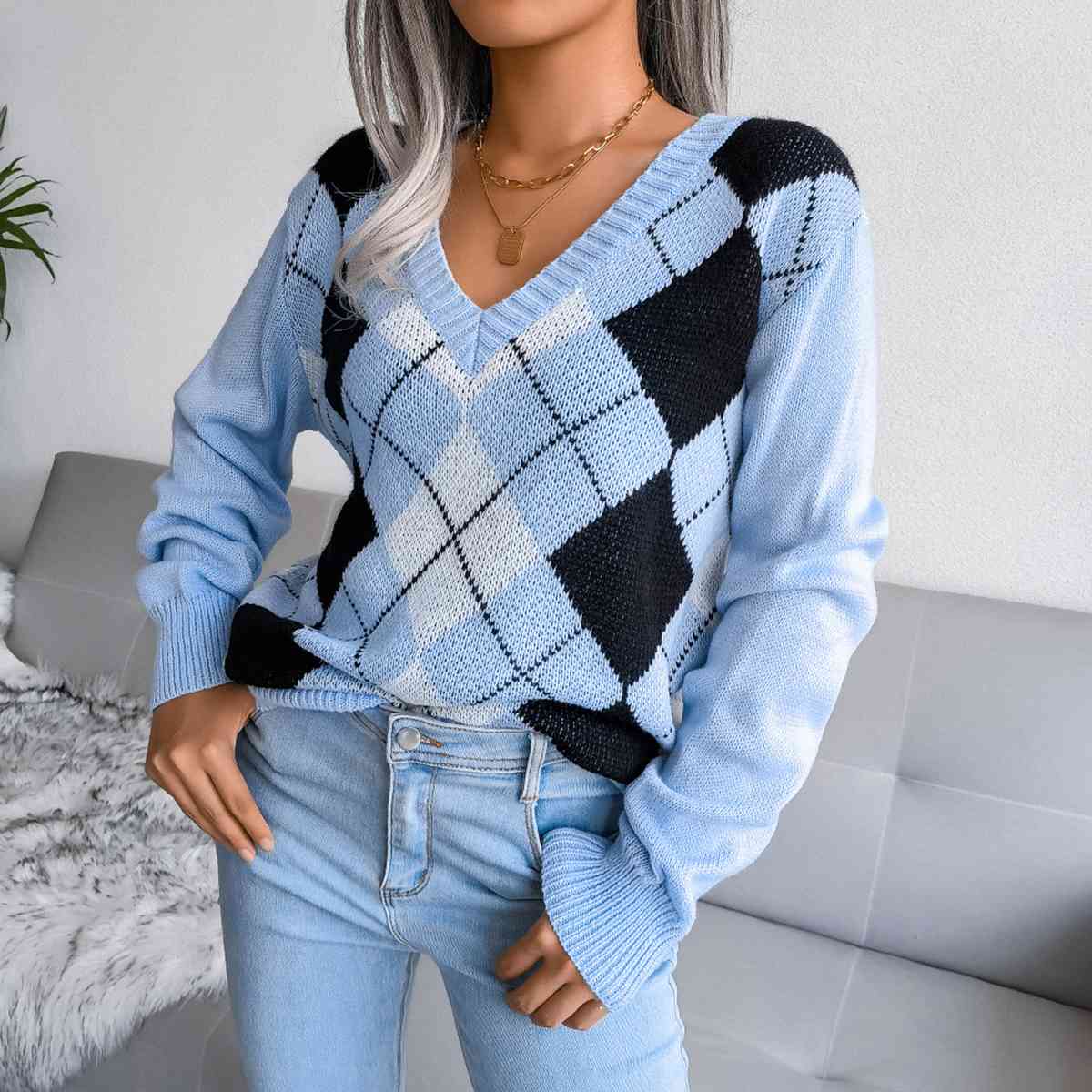 Sofia – Preppy Dame Argyle Strikket Sweater
