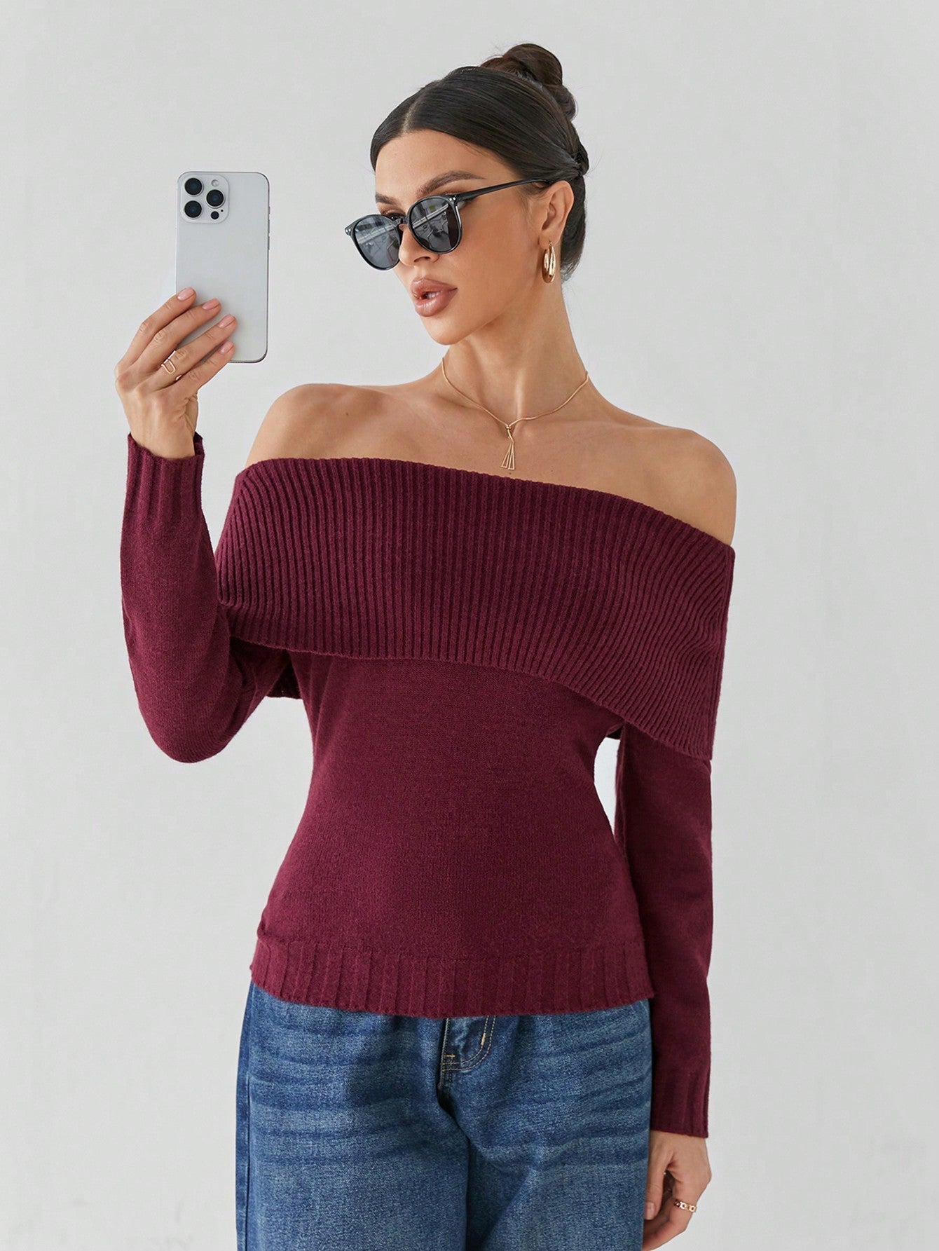 Giulia – Off-Shoulder Striktrøje til Kvinder i Bourgognerød