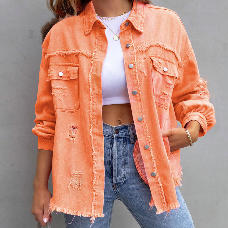 Camille – Farverig Dame Denimjakke med Slidt Look