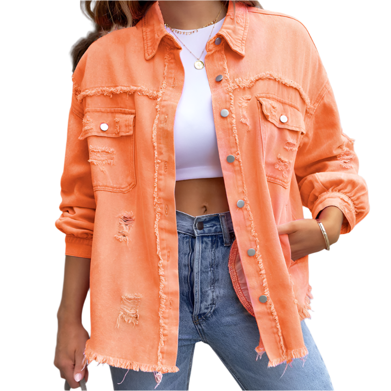 Camille – Farverig Dame Denimjakke med Slidt Look